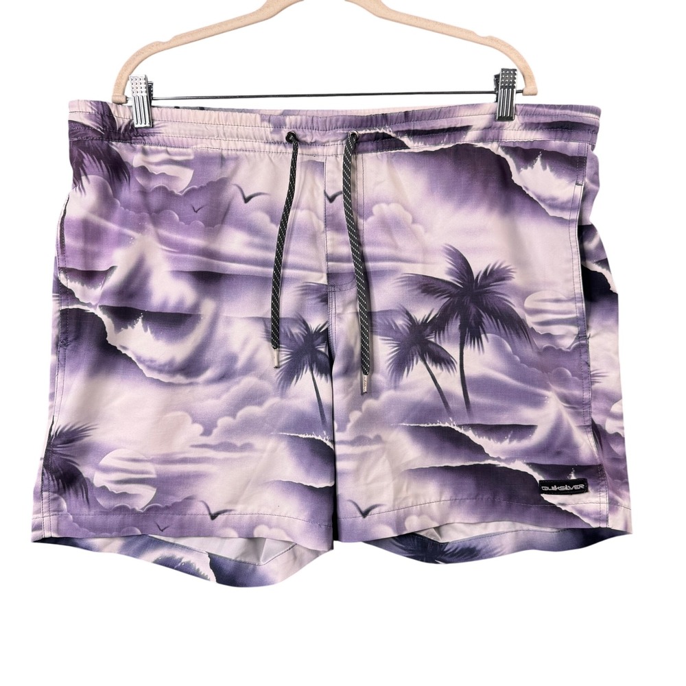 Quiksilver‎ Mens Large Purple Tropical Palm Tree Sunset Board Shorts Swim Trunks